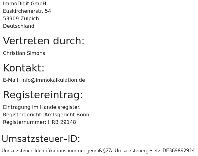 Anbieterkennzeichnung der ImmoDigit GmbH: Anschrift, Vertretung, Kontakt, Registereintrag und Umsatzsteuer-ID
